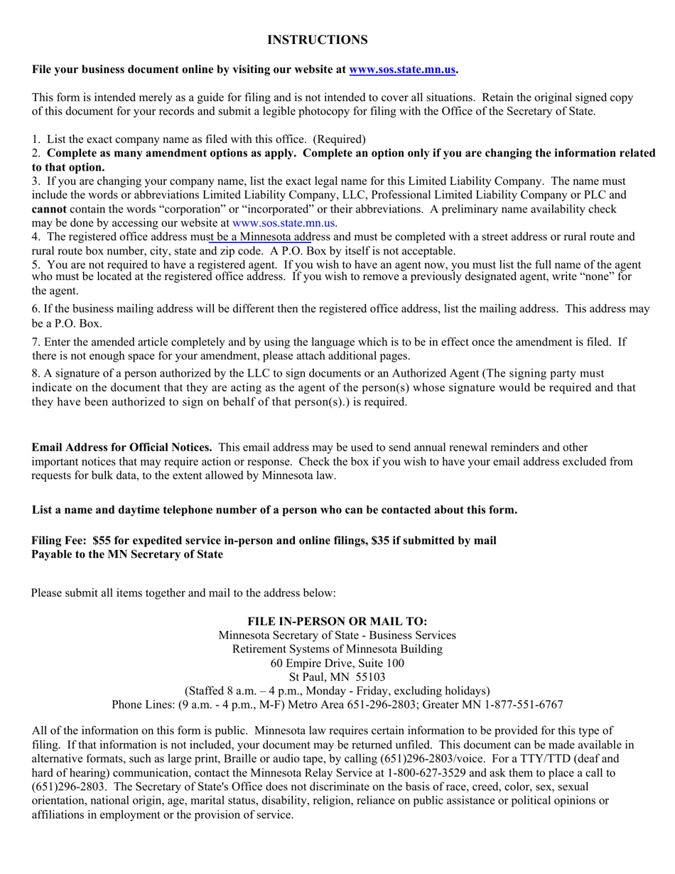 Minnesota Limited Liability Company Amendment to Articles of Organization - Minnesota, Page 3