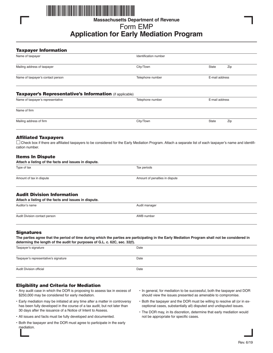 Form EMP Application for Early Mediation Program - Massachusetts, Page 1