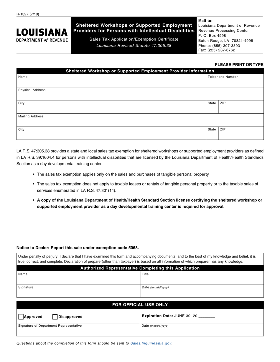 Form R-1327 Sheltered Workshops or Supported Employment Providers for Persons With Intellectual Disabilities - Louisiana, Page 1