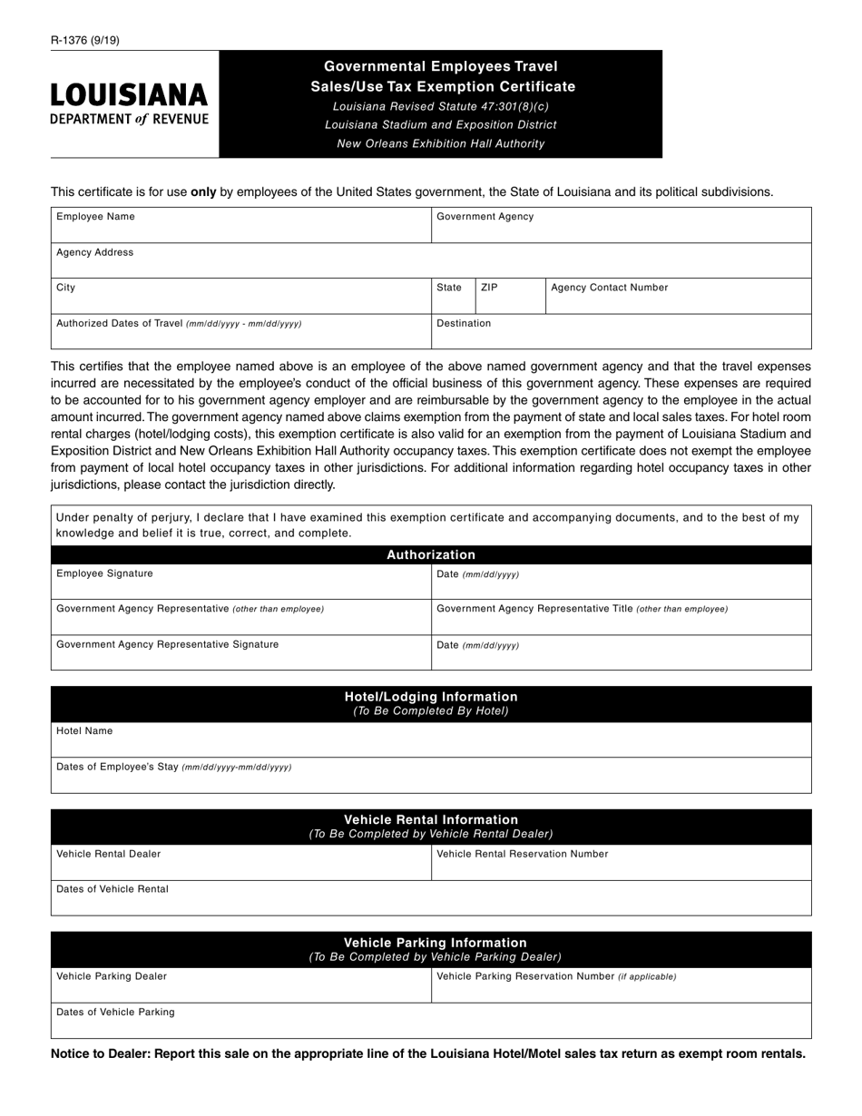 Form R-1376 Governmental Employees Travel Sales / Use Tax Exemption Certificate - Louisiana, Page 1