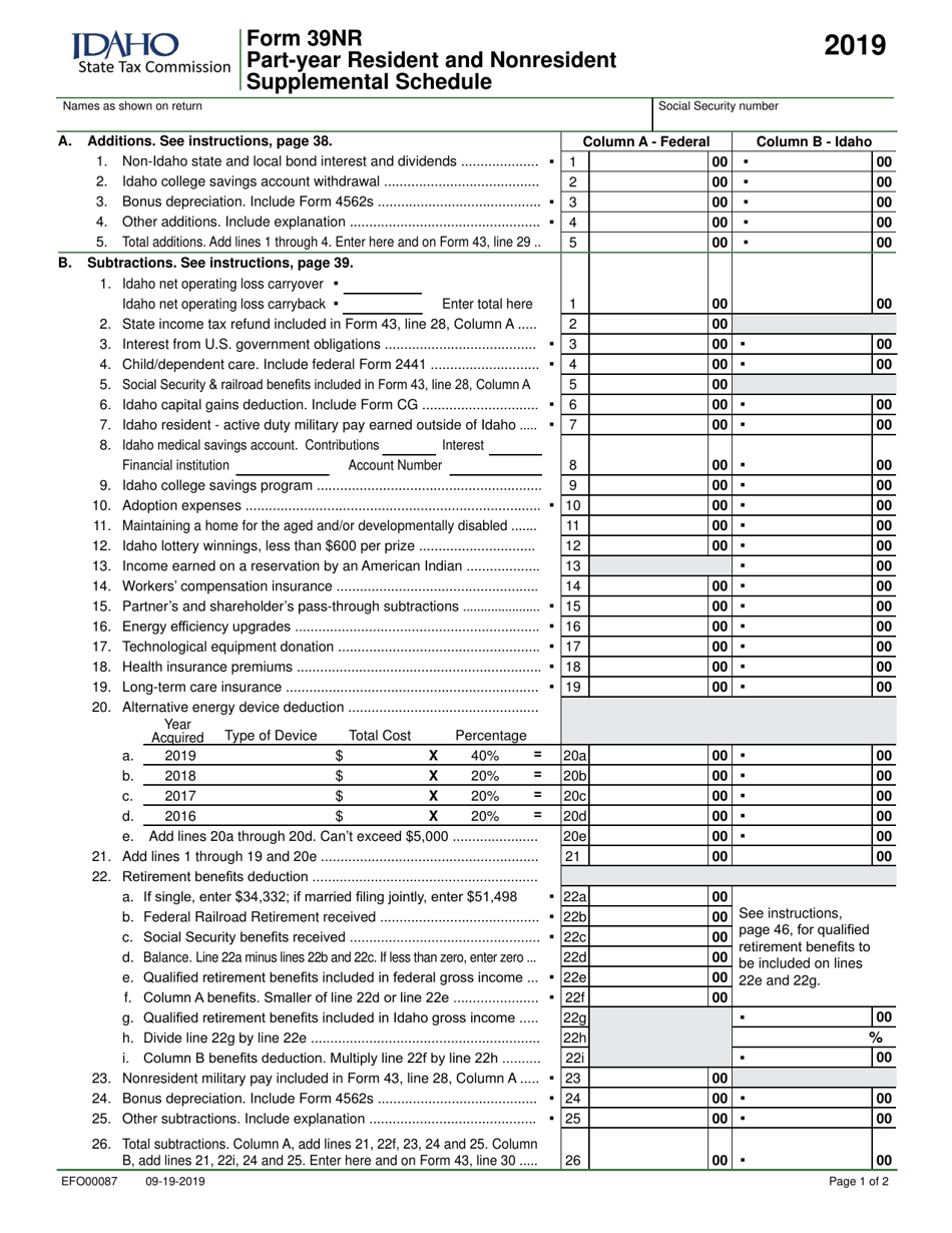 Form 39NR Part-Year Resident and Nonresident Supplemental Schedule - Idaho, Page 1