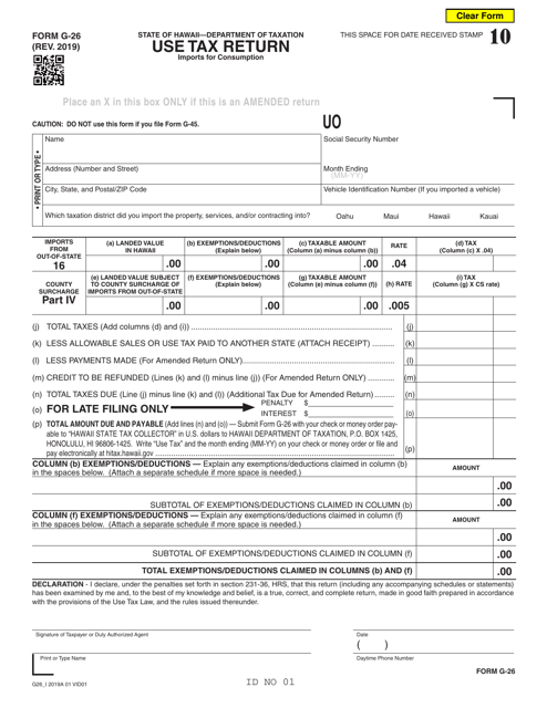 Form G-26 Use Tax Return - Imports for Consumption - Hawaii