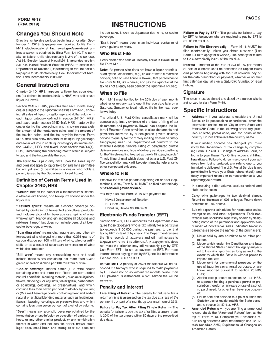Form M-18 Combined Monthly Return of Liquor Tax and Report of Wine Gallons and Dollar Volume of Taxable Sales or Uses - Hawaii, Page 2