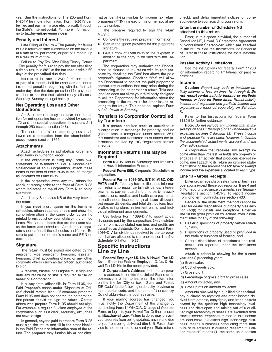 Instructions for Form N-35 S Corporation Income Tax Return - Hawaii, Page 3