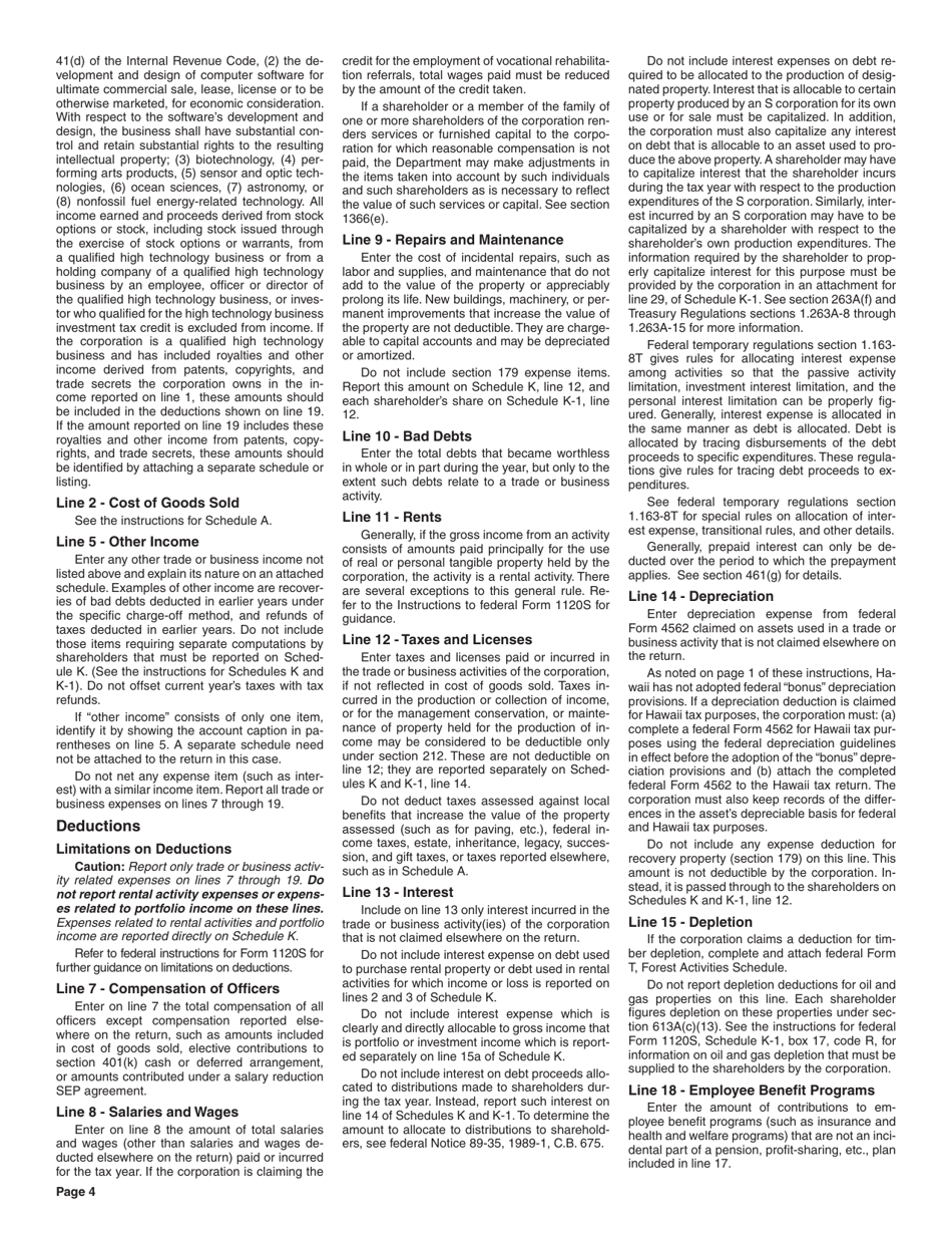 Instructions for Form N-35 S Corporation Income Tax Return - Hawaii, Page 4