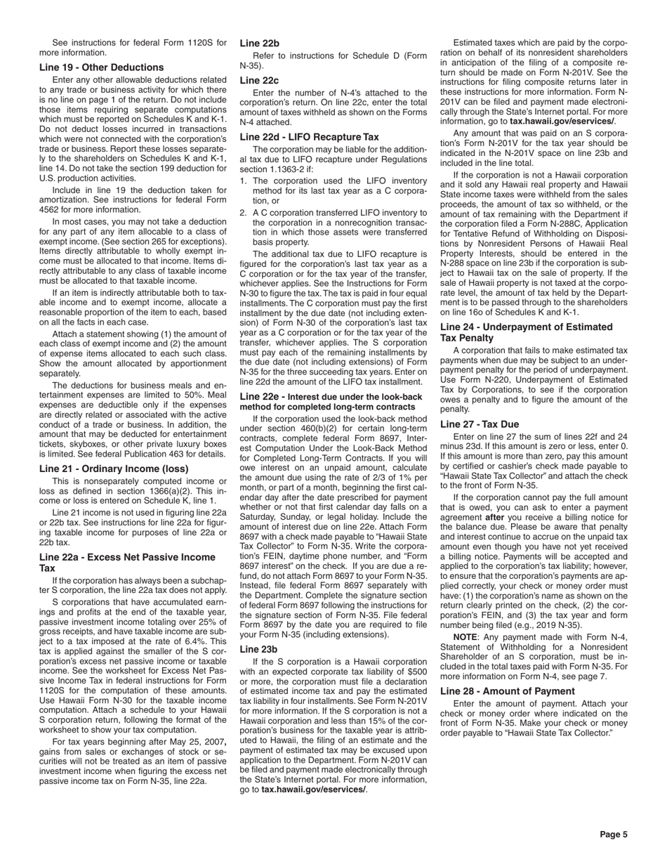 Instructions for Form N-35 S Corporation Income Tax Return - Hawaii, Page 5