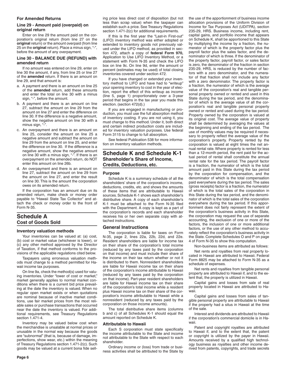 Instructions for Form N-35 S Corporation Income Tax Return - Hawaii, Page 6