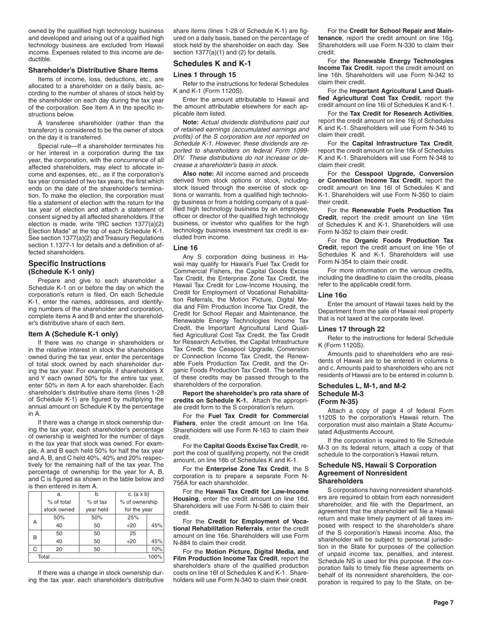 Instructions for Form N-35 S Corporation Income Tax Return - Hawaii, Page 7