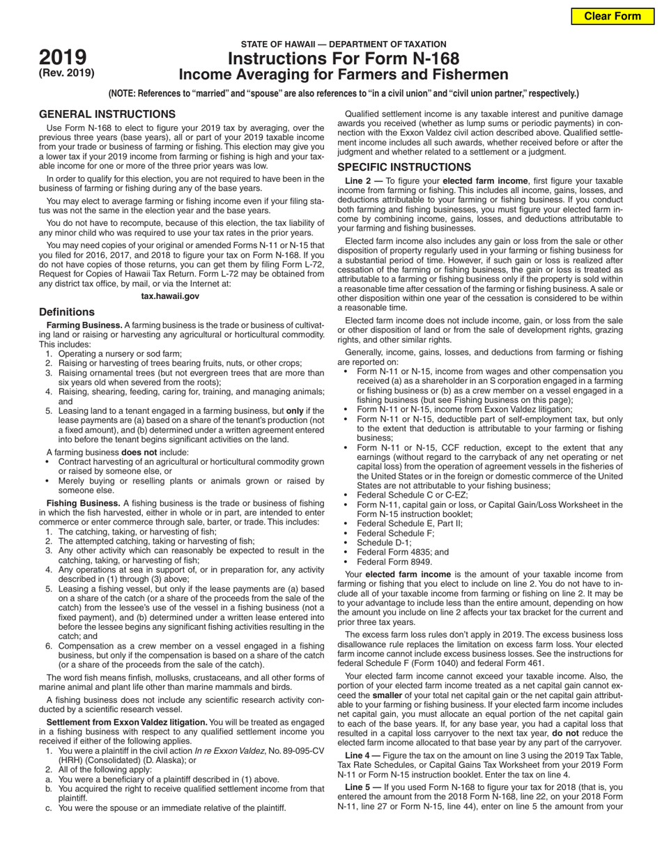 Instructions for Form N-168 Income Averaging for Farmers and Fisherman - Hawaii, Page 1