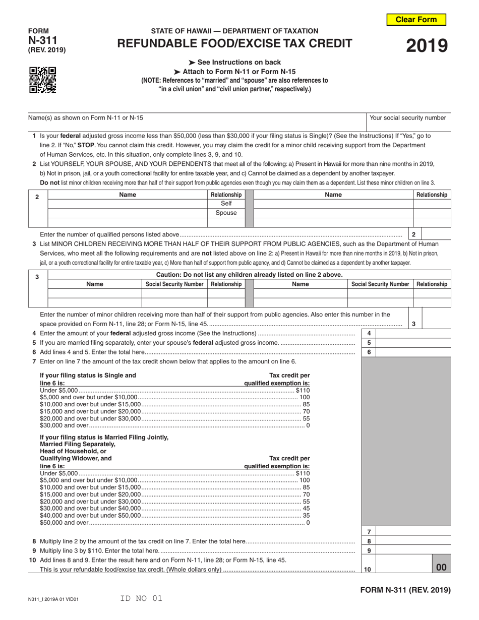 Form N-311 Refundable Food / Excise Tax Credit - Hawaii, Page 1