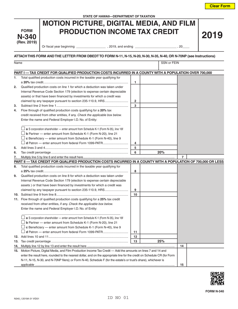 Form N-340 Motion Picture, Digital Media, and Film Production Tax Credit - Hawaii, Page 1