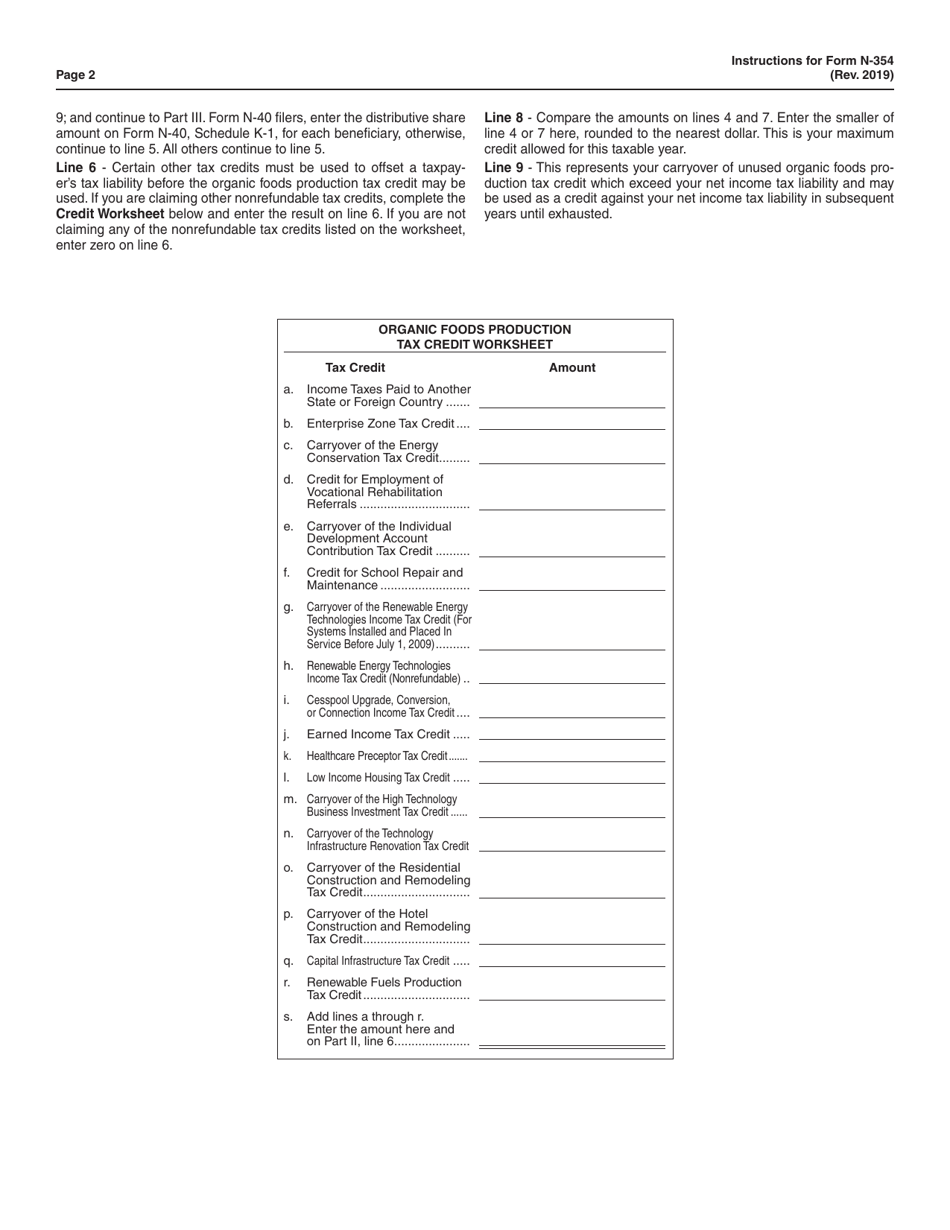 Instructions for Form N-354 Organic Foods Production Tax Credit - Hawaii, Page 2