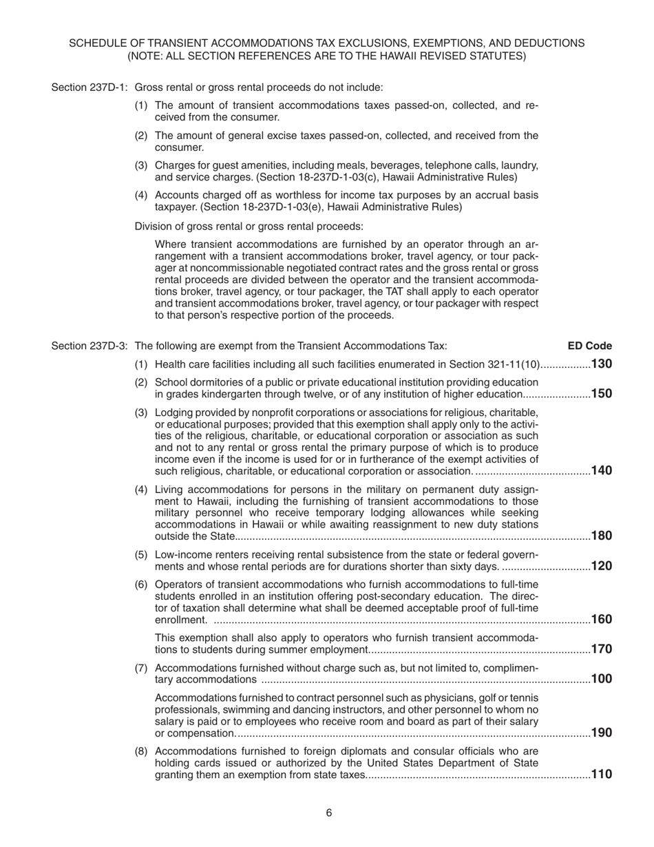 Instructions for Form TA-1 Transient Accommodations Tax Return - Hawaii, Page 6