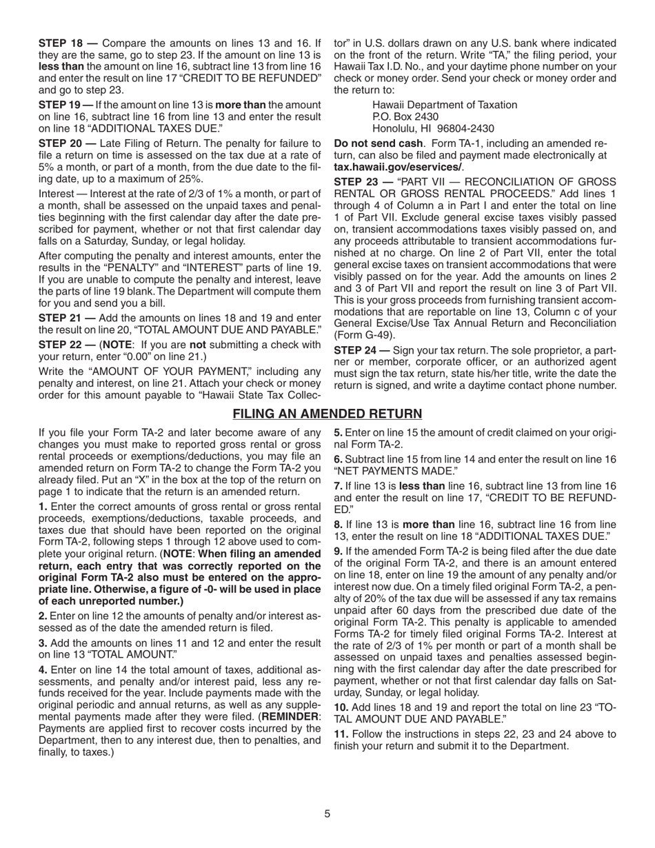 Instructions for Form TA-2 Transient Accommodations Tax Annual Return and Reconciliation - Hawaii, Page 5