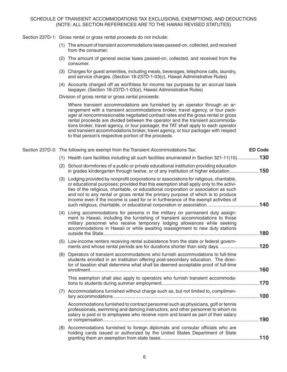 Instructions for Form TA-2 Transient Accommodations Tax Annual Return and Reconciliation - Hawaii, Page 6