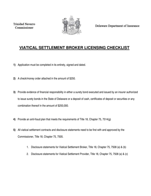 Form 3B Request for Viatical Settlement Broker License - Delaware