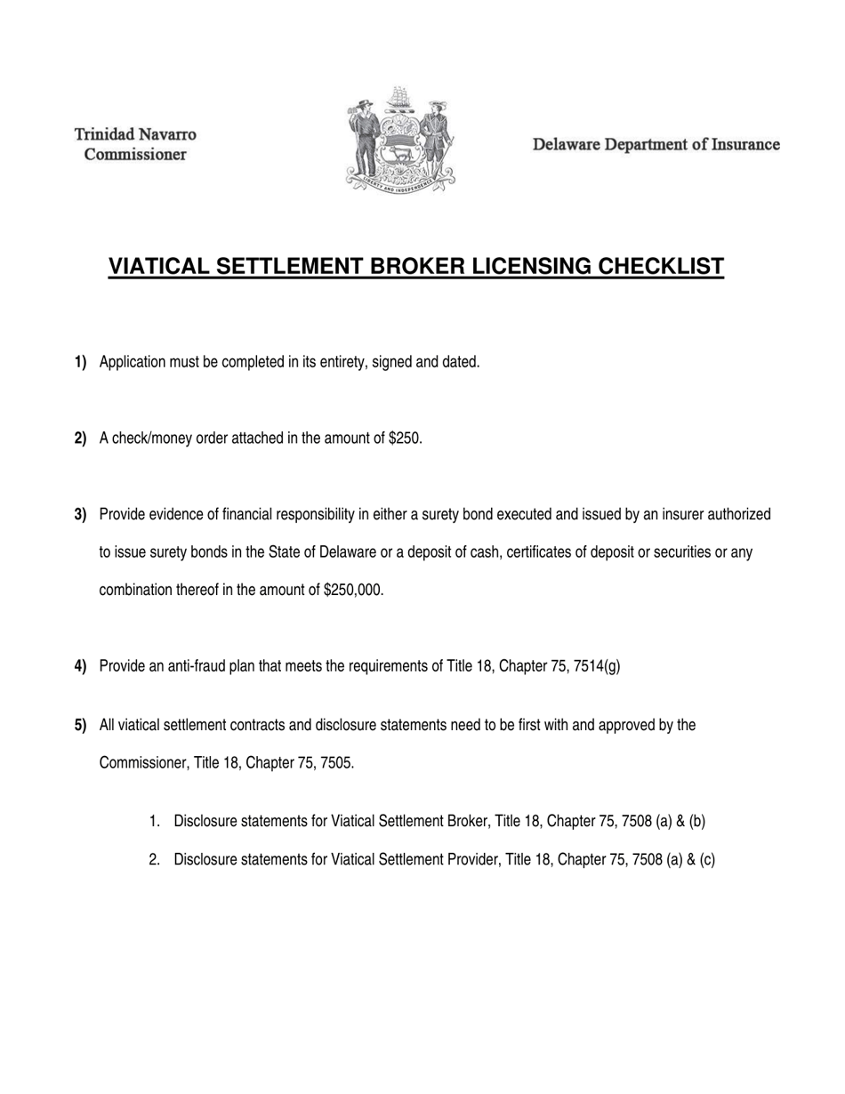 Form 3B Request for Viatical Settlement Broker License - Delaware, Page 1