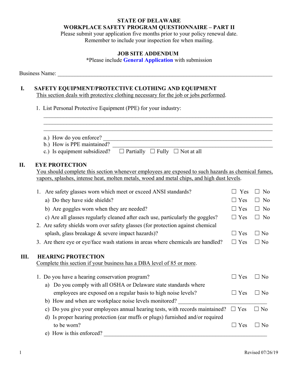 Part II Workplace Safety Program Questionnaire - Job Site Addendum - Delaware, Page 1