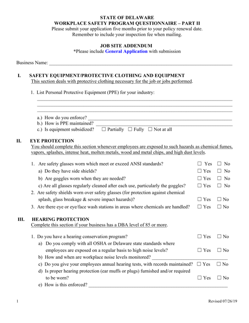 Part II Workplace Safety Program Questionnaire - Job Site Addendum - Delaware