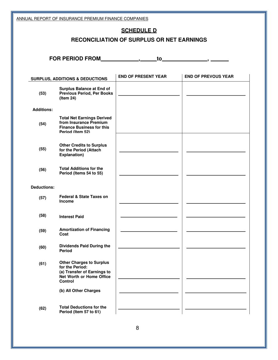 Form PF-4 Annual Report of Insurance Premium Finance Companies - Delaware, Page 8