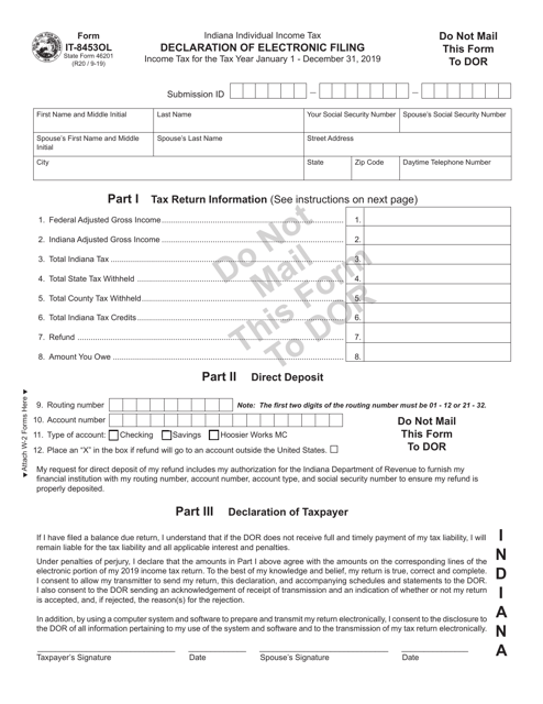 Form IT-8453OL (State Form 46201) Declaration of Electronic Online Filing - Individual - Indiana, 2019