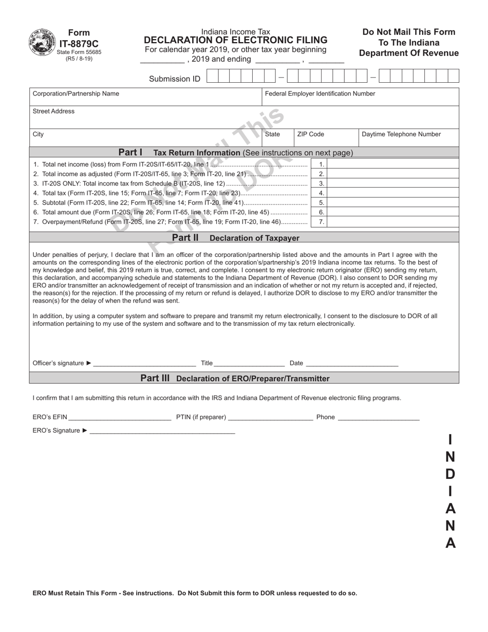 Form IT-8879C (State Form 55685) Declaration of Electronic Filing - S Corporation - Indiana, Page 1