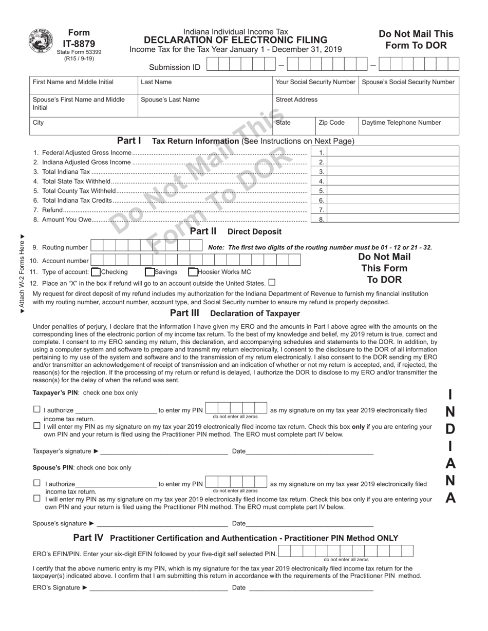 Form IT-8879 (State Form 53399) Declaration of Electronic Filing - Indiana, Page 1