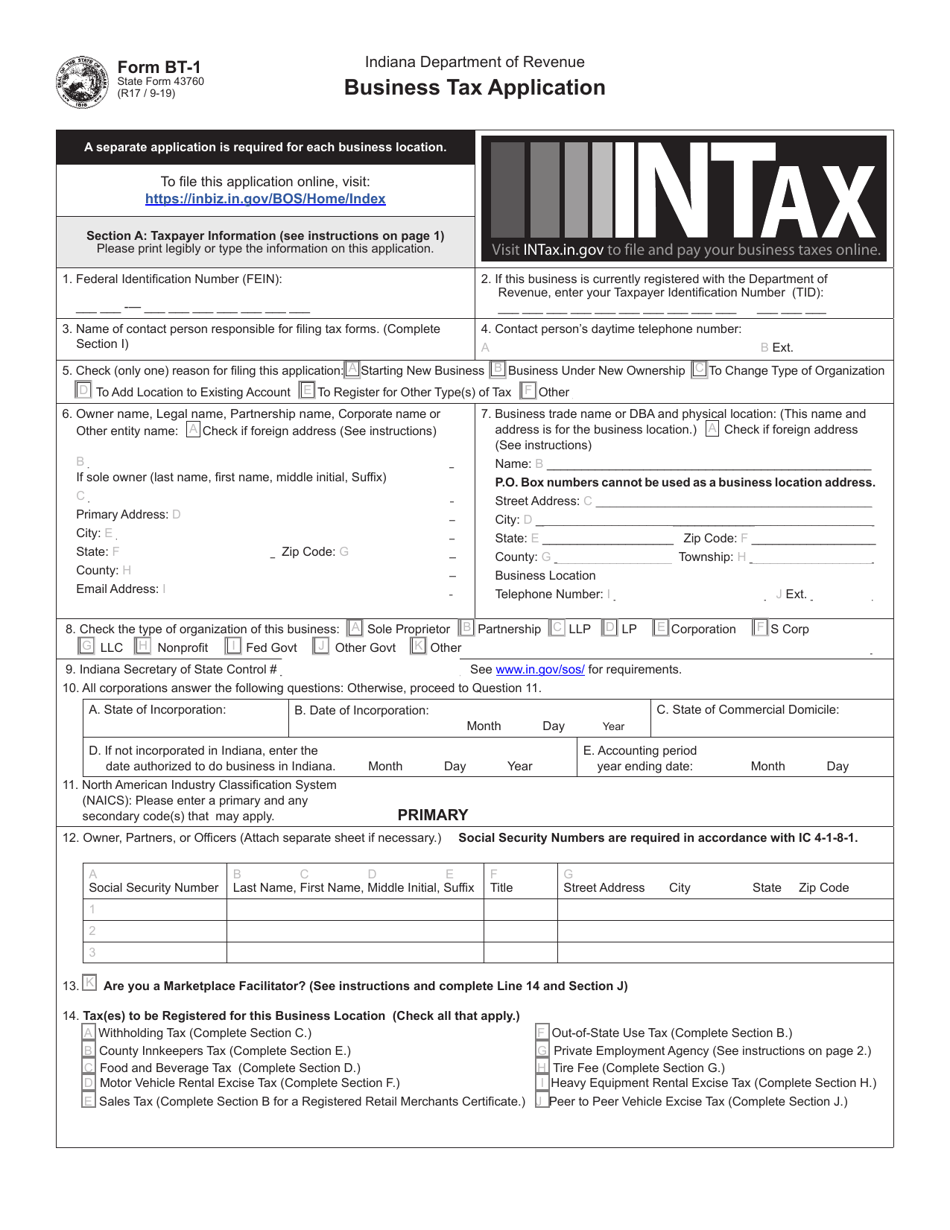 State Form 43760 (BT-1) Business Tax Application - Indiana, Page 1