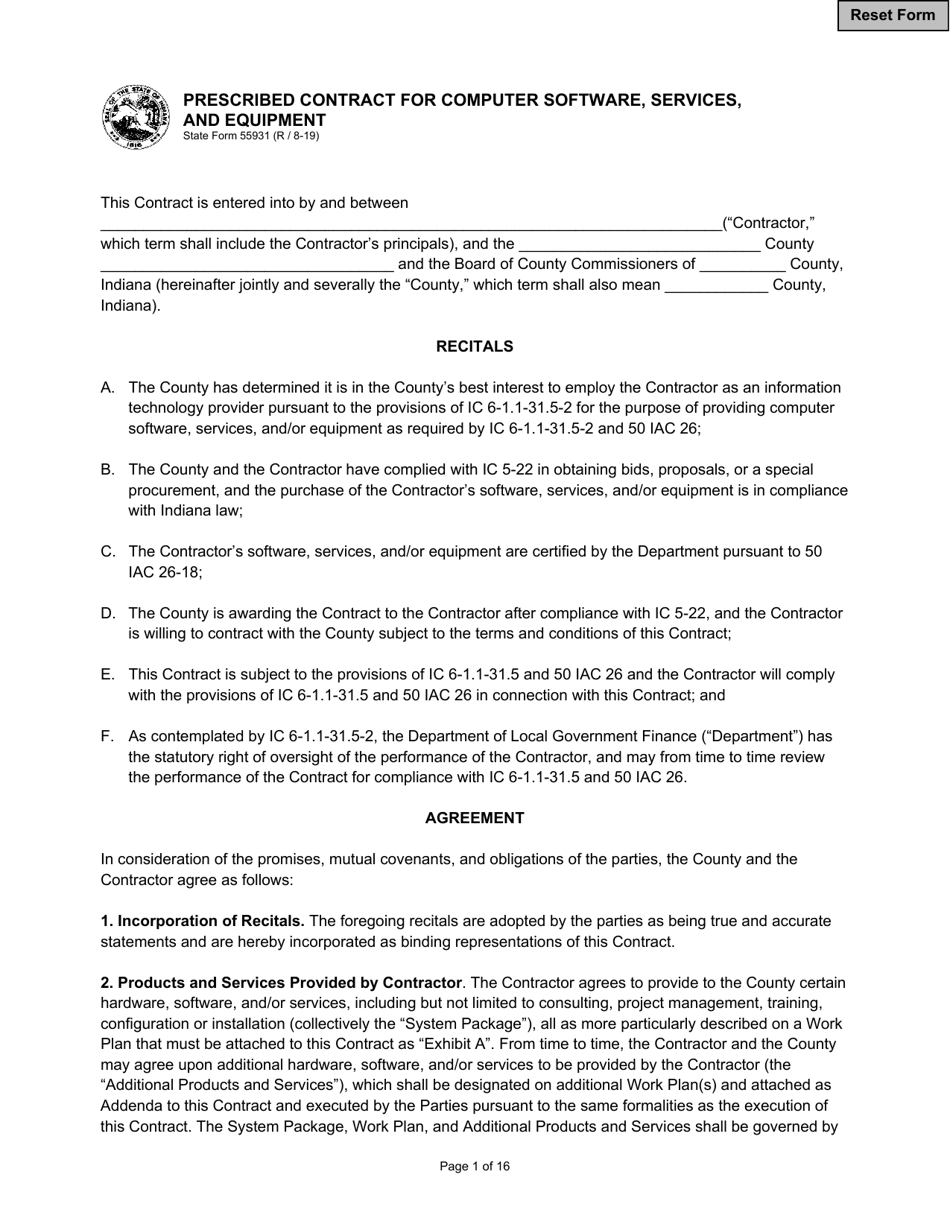State Form 55931 Prescribed Contract for Computer Software, Services, and Equipment - Indiana, Page 1