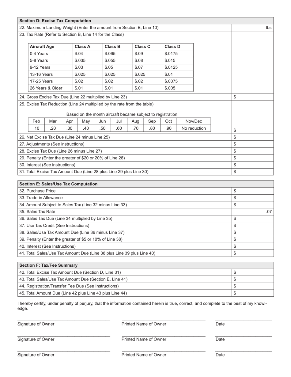 Form AE-7 (State Form 7695) Application for Aircraft Registration - Indiana, Page 2