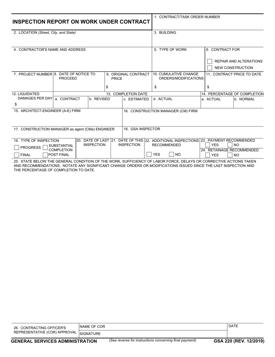 GSA Form 220 Inspection Report for Work Under Contract, Page 1