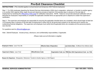 GSA Form 1655 Pre-exit Clearance Checklist
