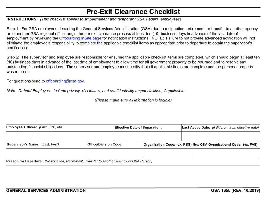 GSA Form 1655 Pre-exit Clearance Checklist, Page 1