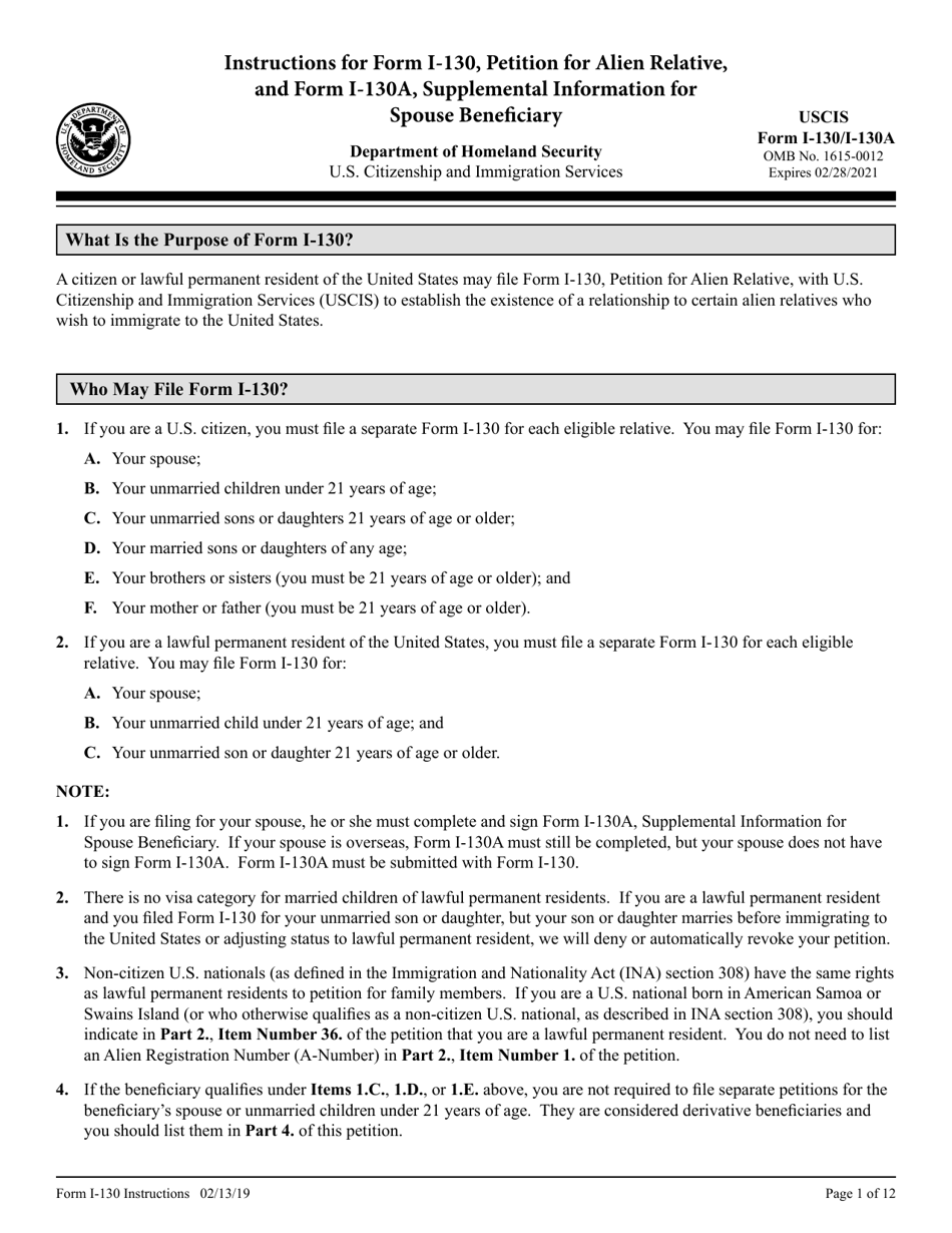 Instructions for USCIS Form I-130, I-130A, Page 1