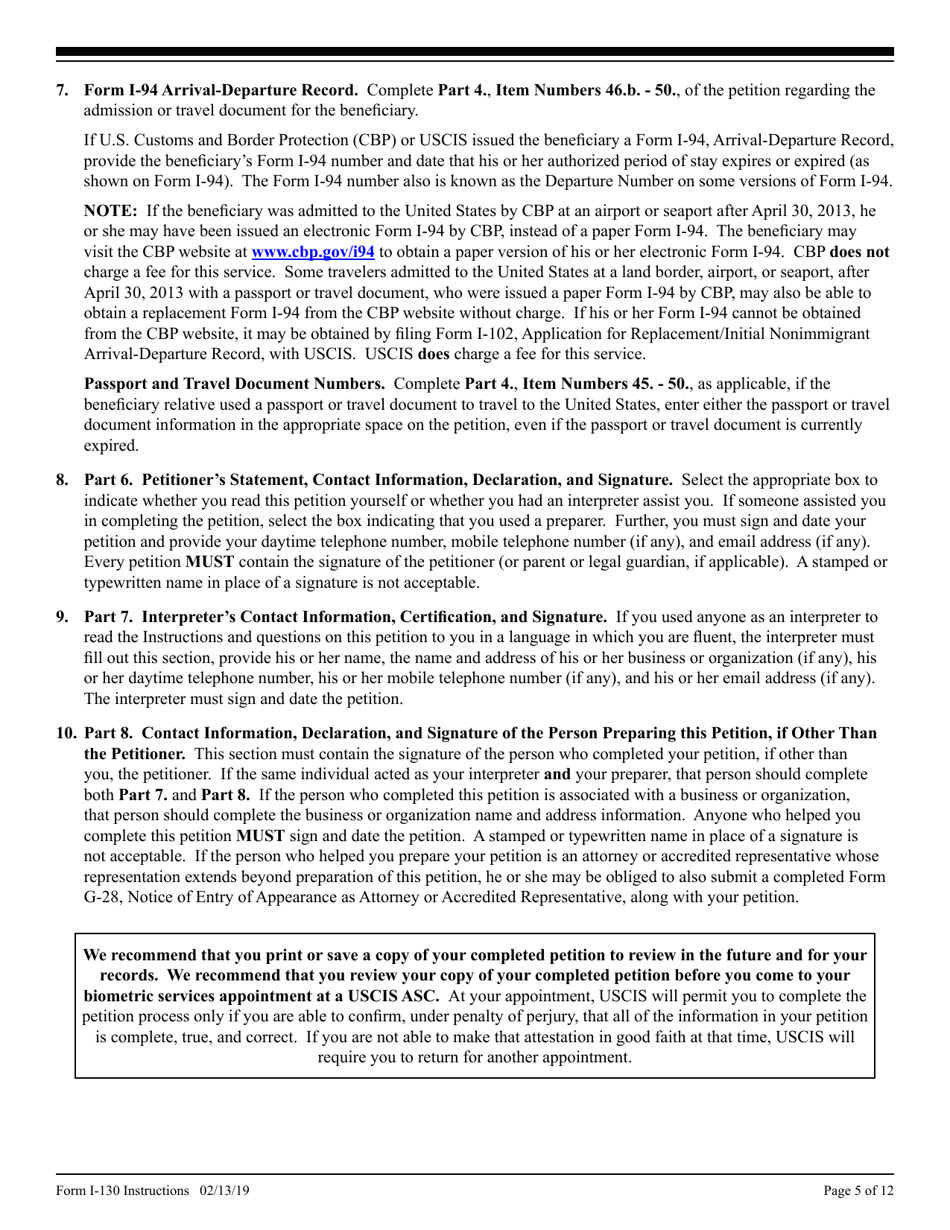Instructions for USCIS Form I-130, I-130A, Page 5