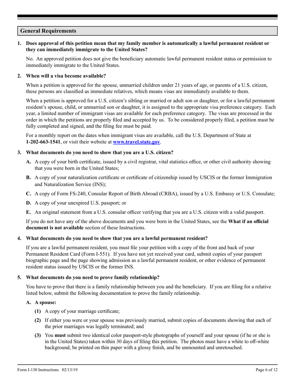 Instructions for USCIS Form I-130, I-130A, Page 6