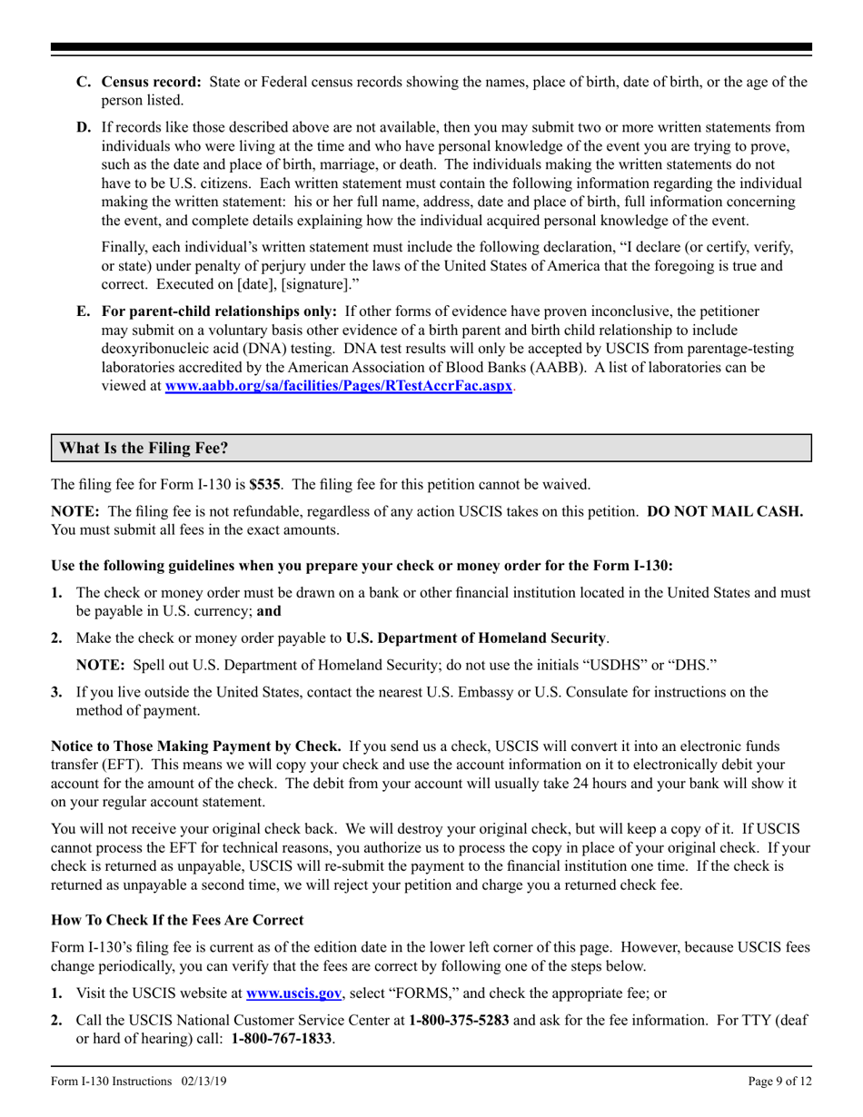 Instructions for USCIS Form I-130, I-130A, Page 9