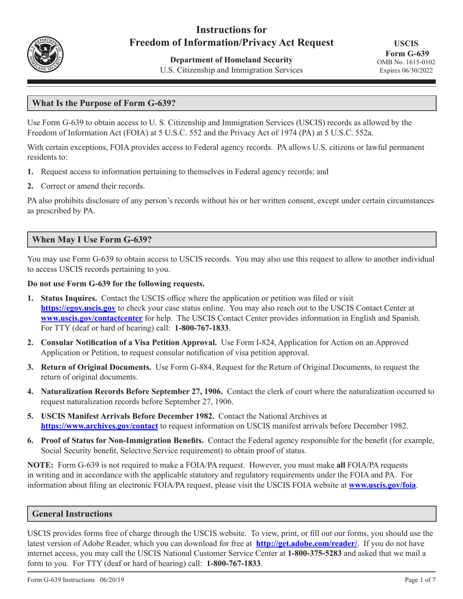 Instructions for USCIS Form G-639 Freedom of Information / Privacy Act Request, Page 1