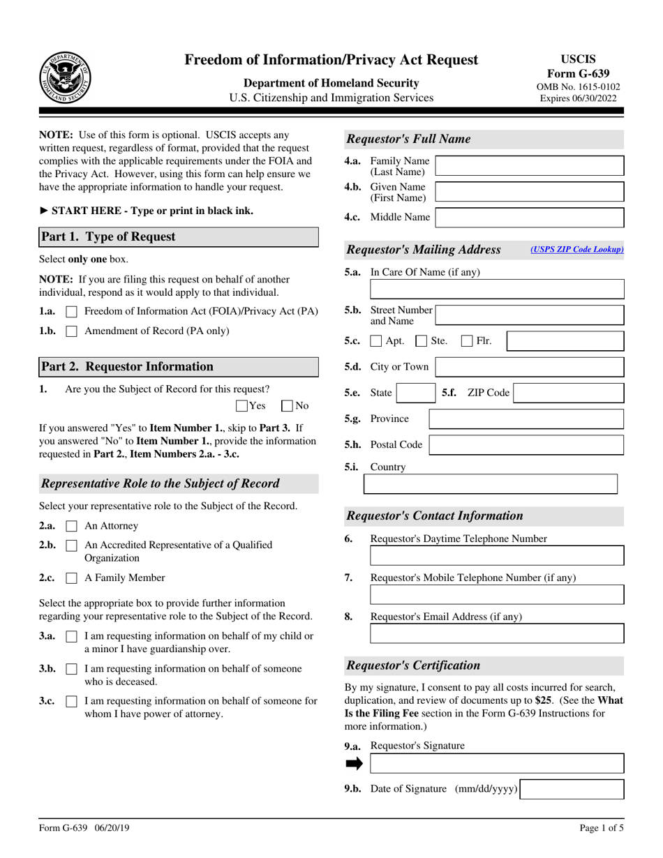 USCIS Form G-639 Freedom of Information / Privacy Act Request, Page 1