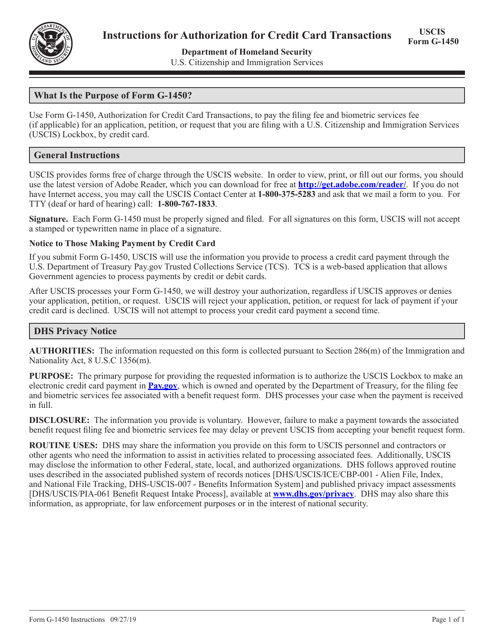 USCIS Form G-1450  Printable Pdf