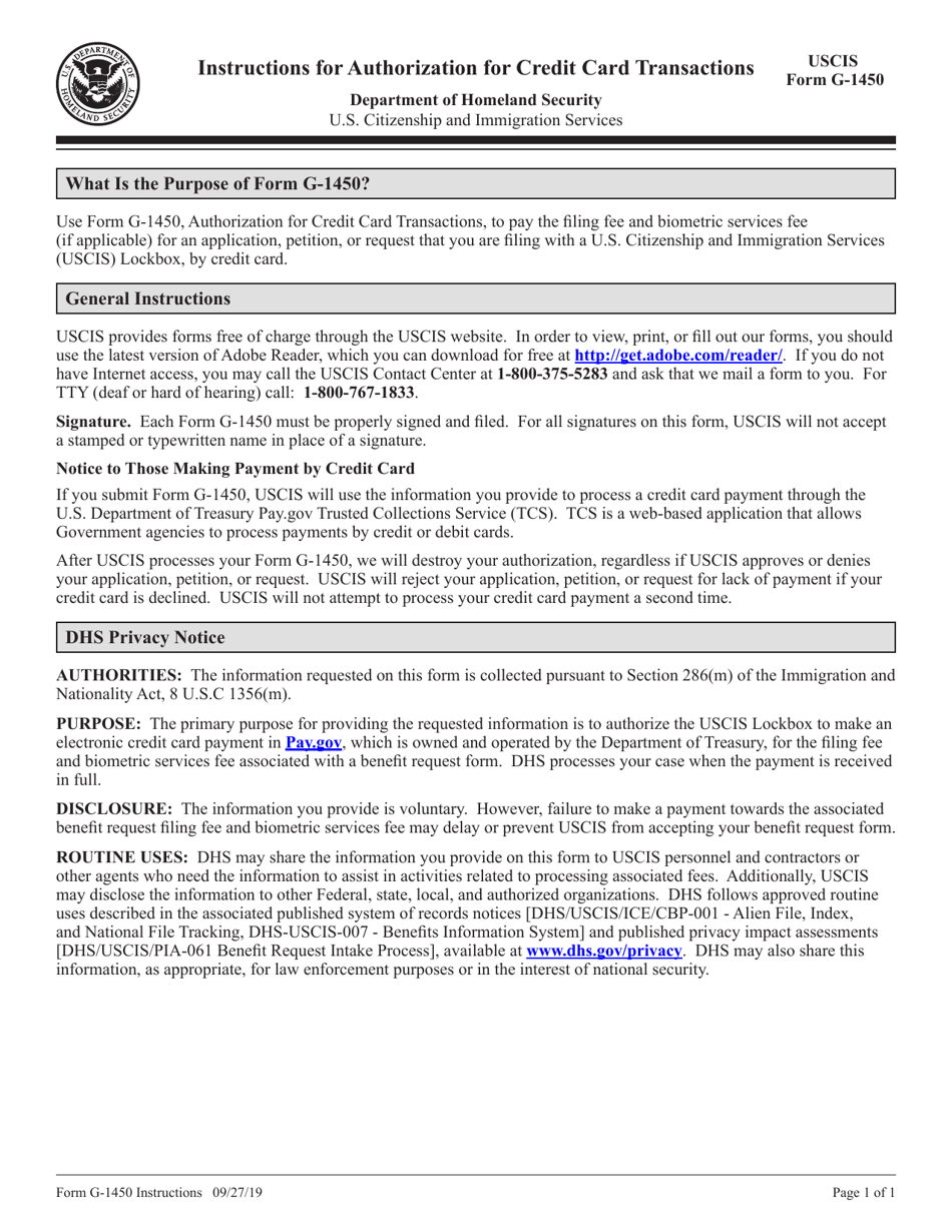 Download Instructions for USCIS Form G-1450 Authorization for Credit ...