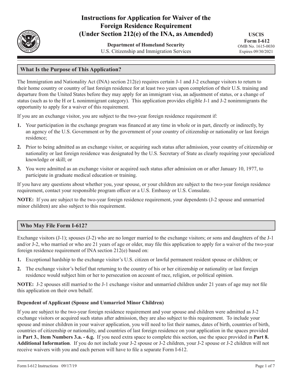 Instructions for USCIS Form I-612 Application for Waiver of the Foreign Residence Requirement (Under Section 212(E) of the Immigration and Nationality Act, as Amended), Page 1