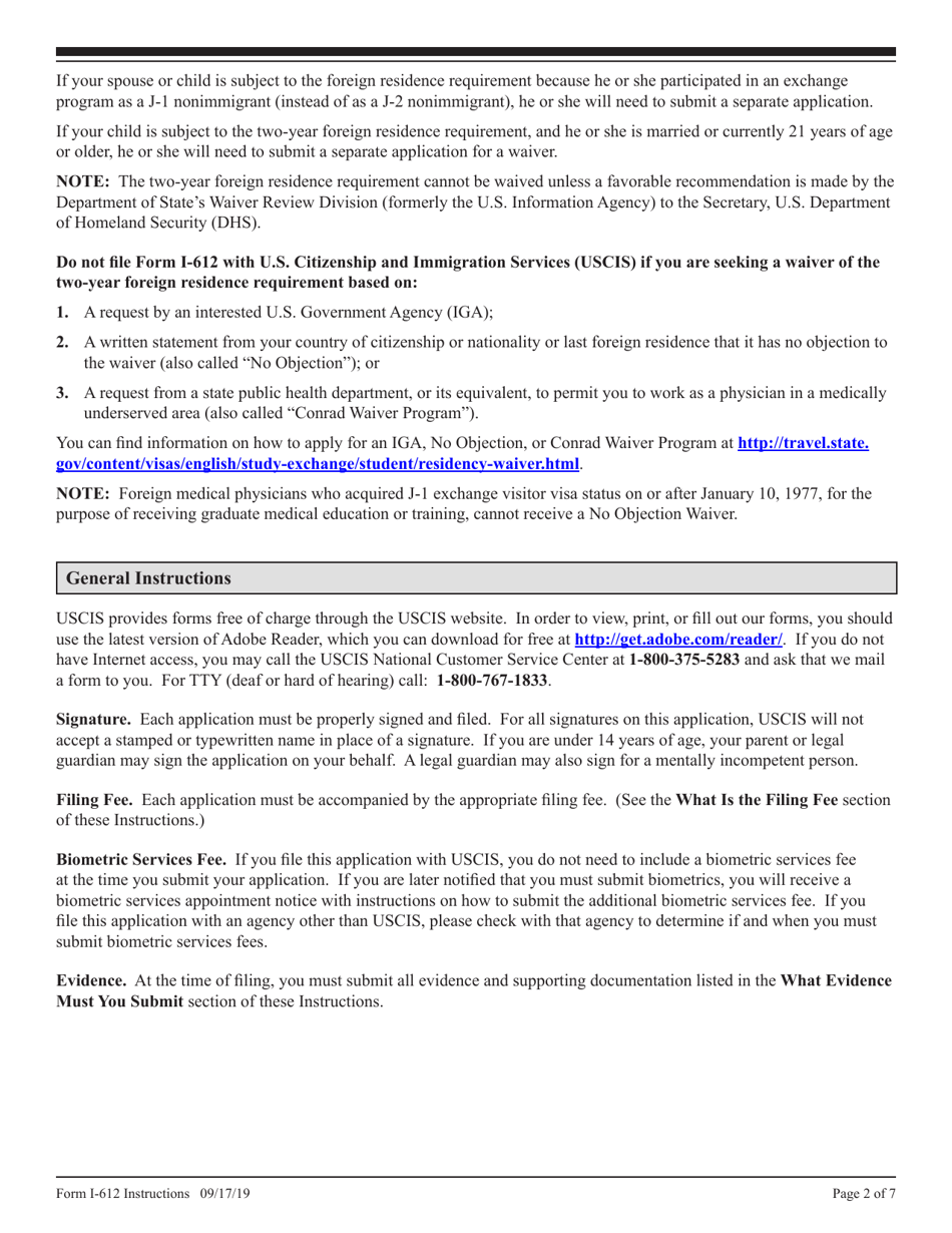 Instructions for USCIS Form I-612 Application for Waiver of the Foreign Residence Requirement (Under Section 212(E) of the Immigration and Nationality Act, as Amended), Page 2
