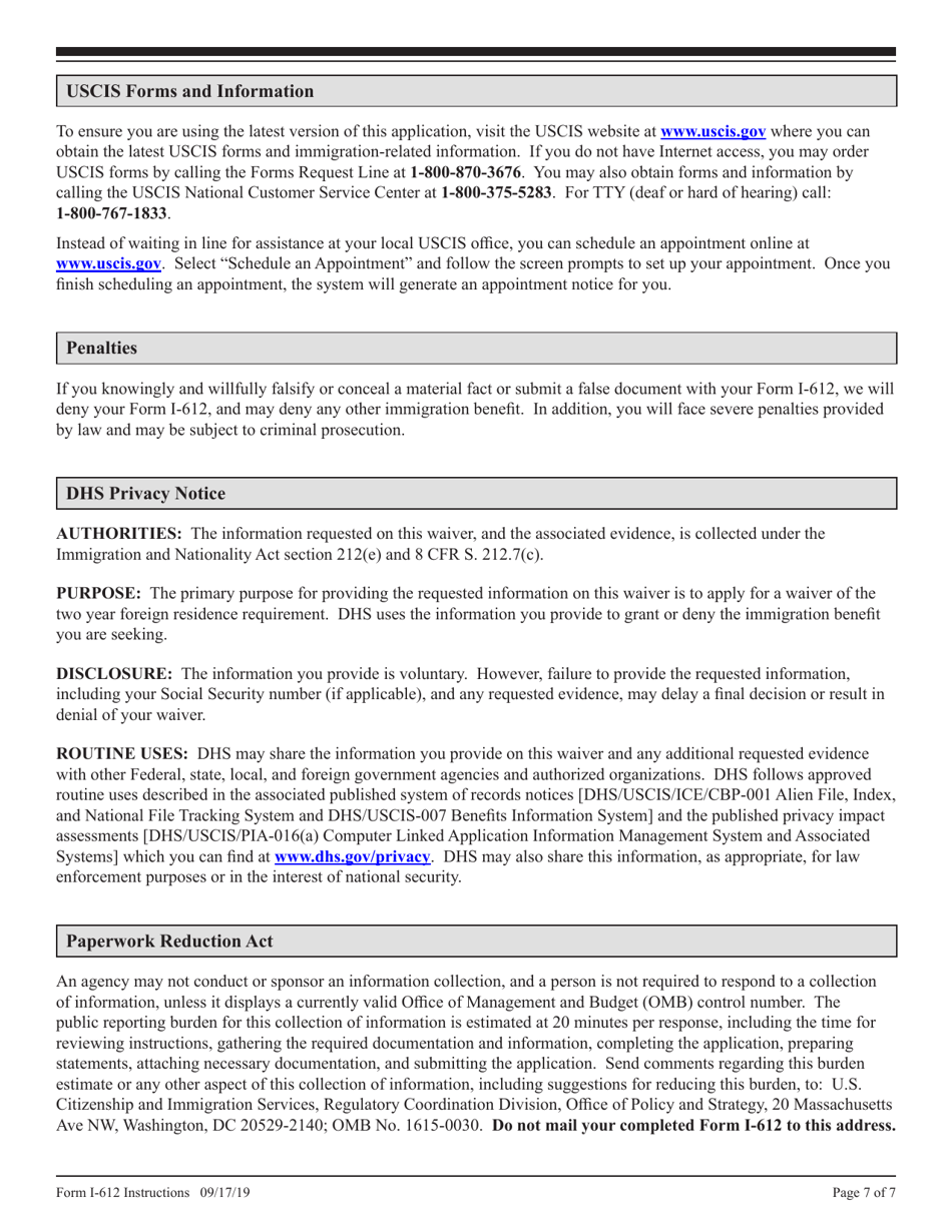 Instructions for USCIS Form I-612 Application for Waiver of the Foreign Residence Requirement (Under Section 212(E) of the Immigration and Nationality Act, as Amended), Page 7
