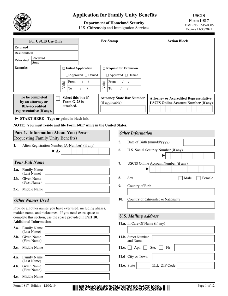 USCIS Form I-817 Application for Family Unity Benefits, Page 1
