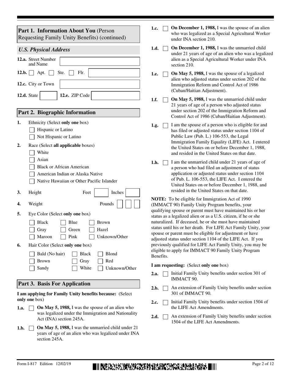 USCIS Form I-817 Application for Family Unity Benefits, Page 2