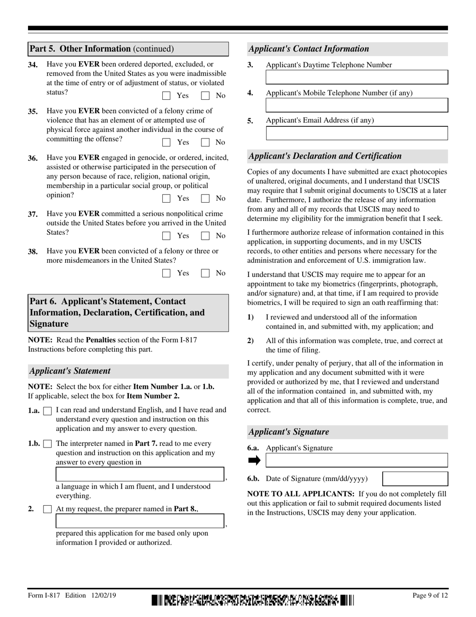 USCIS Form I-817 Application for Family Unity Benefits, Page 9