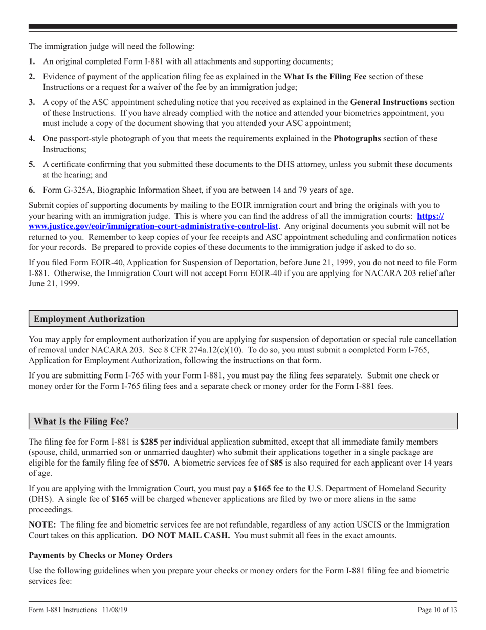 Instructions for USCIS Form I-881 Application for Suspension of Deportation or Special Rule Cancellation of Removal (Pursuant to Section 203 of Public Law 105-100 (Nacara)), Page 10