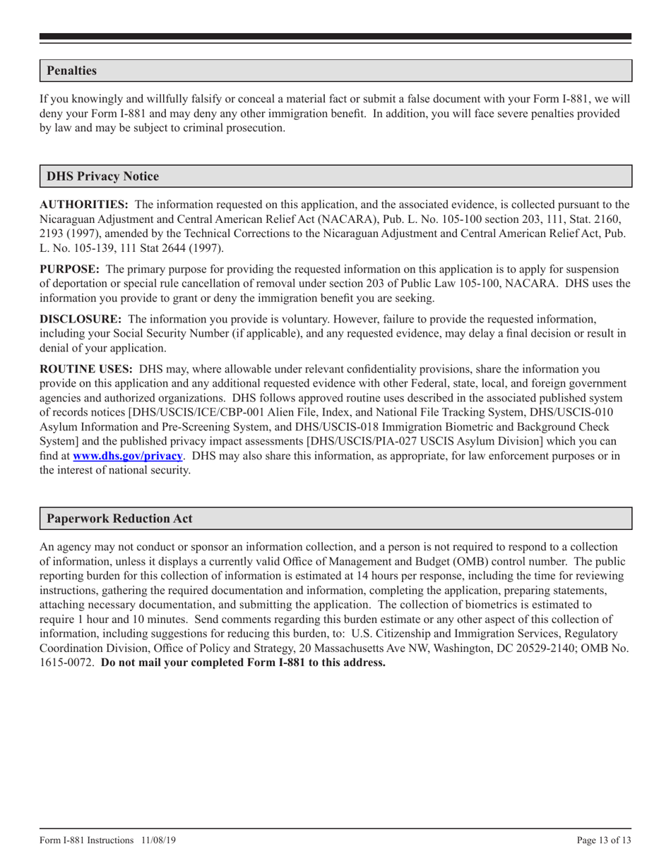 Instructions for USCIS Form I-881 Application for Suspension of Deportation or Special Rule Cancellation of Removal (Pursuant to Section 203 of Public Law 105-100 (Nacara)), Page 13