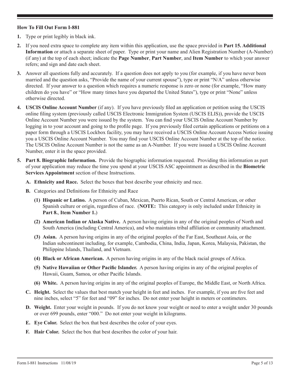 Instructions for USCIS Form I-881 Application for Suspension of Deportation or Special Rule Cancellation of Removal (Pursuant to Section 203 of Public Law 105-100 (Nacara)), Page 5